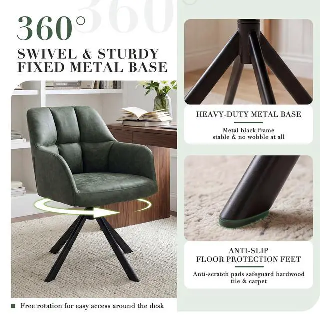 Alt view image 5 of 6 - Comfy Leather Desk Chair Modern Computer Task Chair no Wheels Swivel Accent Chair with Mid Back Arm Chair for Living Room/Bedroom/Home Office, PU Green
