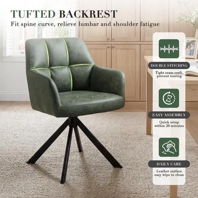 Alt view image 6 of 6 - Comfy Leather Desk Chair Modern Computer Task Chair no Wheels Swivel Accent Chair with Mid Back Arm Chair for Living Room/Bedroom/Home Office, PU Green