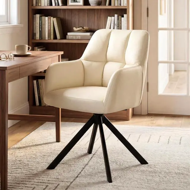 Main image of Comfy Leather Desk Chair Modern Computer Task Chair no Wheels Swivel Accent Chair with Mid Back Arm Chair for Living Room/Bedroom/Home Office, PU Beige