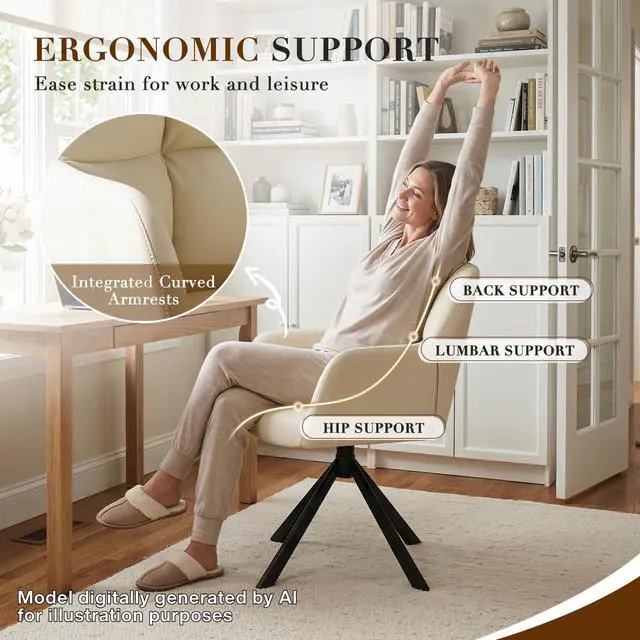 Alt view image 3 of 6 - Comfy Leather Desk Chair Modern Computer Task Chair no Wheels Swivel Accent Chair with Mid Back Arm Chair for Living Room/Bedroom/Home Office, PU Beige