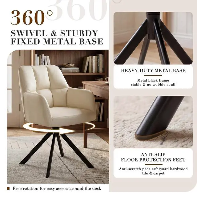 Alt view image 5 of 6 - Comfy Leather Desk Chair Modern Computer Task Chair no Wheels Swivel Accent Chair with Mid Back Arm Chair for Living Room/Bedroom/Home Office, PU Beige