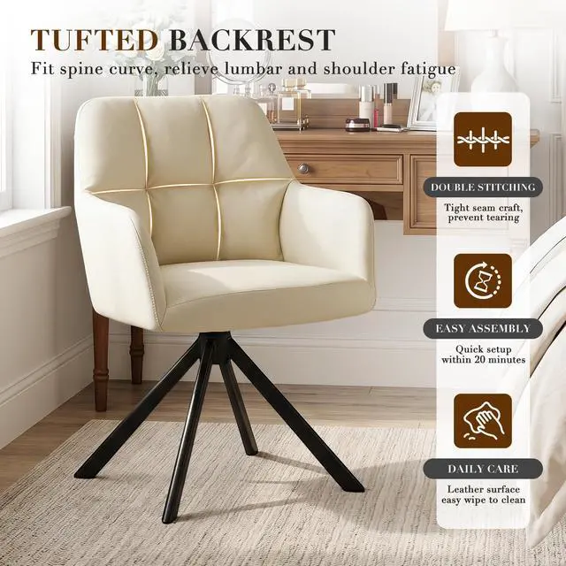 Alt view image 6 of 6 - Comfy Leather Desk Chair Modern Computer Task Chair no Wheels Swivel Accent Chair with Mid Back Arm Chair for Living Room/Bedroom/Home Office, PU Beige