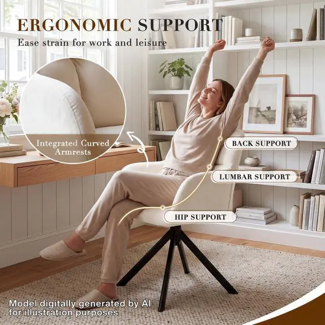 Alt view image 3 of 6 - Comfy Velvet Desk Chair Modern Computer Task Chair no Wheels Swivel Accent Chair with Mid Back Arm Chair for Living Room/Bedroom/Home Office(Beige)