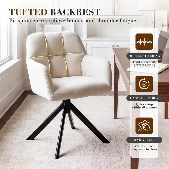 Alt view image 6 of 6 - Comfy Velvet Desk Chair Modern Computer Task Chair no Wheels Swivel Accent Chair with Mid Back Arm Chair for Living Room/Bedroom/Home Office(Beige)