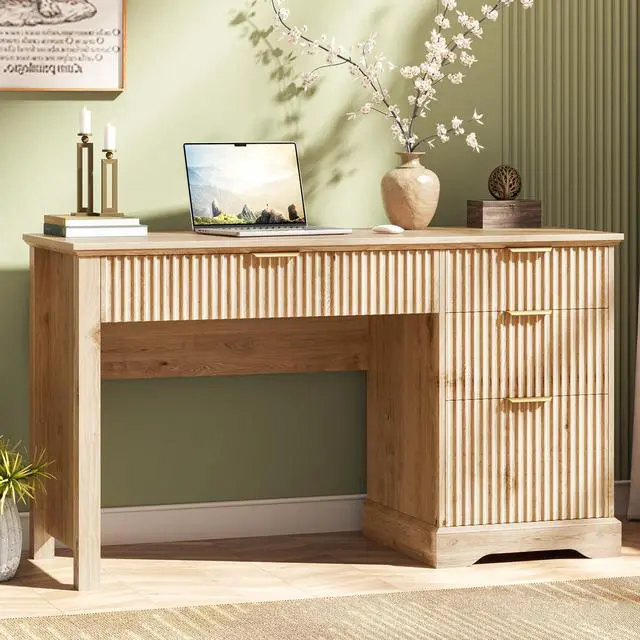 Main image of Fluted Executive Desk with Drawers, Wood Computer Desk with Ample File Drawer, Home Office Desk with Storage for Study, Bedroom, Living Room, Oak