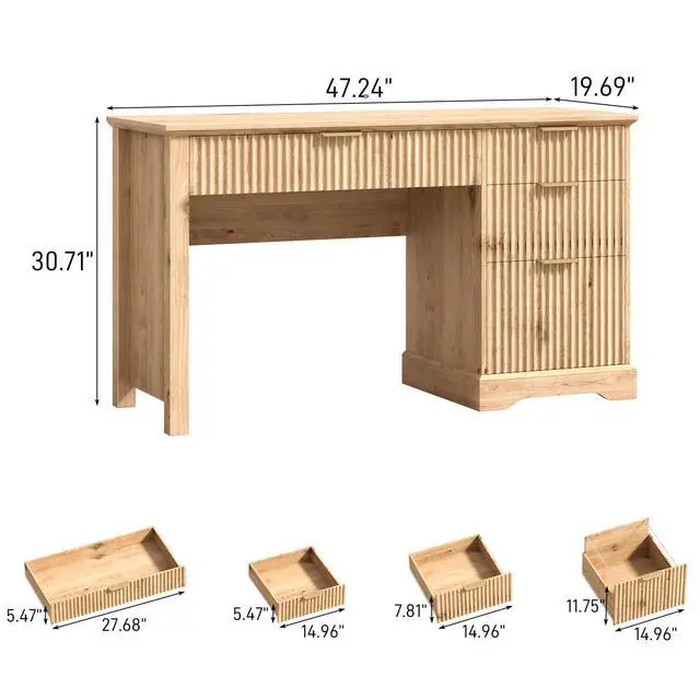 Alt view image 2 of 6 - Fluted Executive Desk with Drawers, Wood Computer Desk with Ample File Drawer, Home Office Desk with Storage for Study, Bedroom, Living Room, Oak
