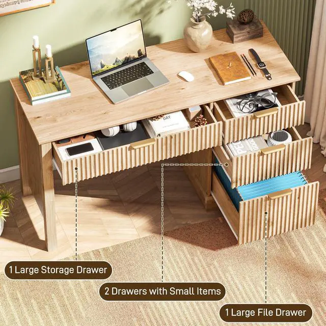 Alt view image 3 of 6 - Fluted Executive Desk with Drawers, Wood Computer Desk with Ample File Drawer, Home Office Desk with Storage for Study, Bedroom, Living Room, Oak