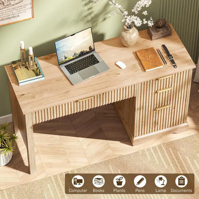 Alt view image 5 of 6 - Fluted Executive Desk with Drawers, Wood Computer Desk with Ample File Drawer, Home Office Desk with Storage for Study, Bedroom, Living Room, Oak