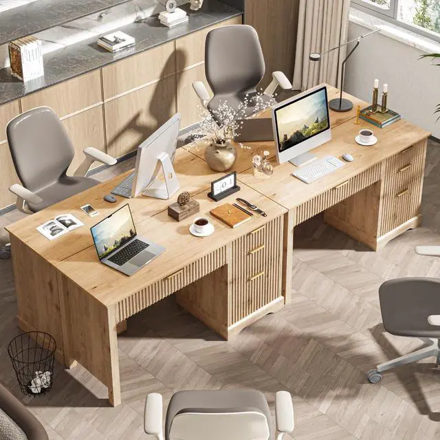 Alt view image 6 of 6 - Fluted Executive Desk with Drawers, Wood Computer Desk with Ample File Drawer, Home Office Desk with Storage for Study, Bedroom, Living Room, Oak