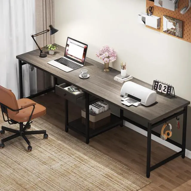 Main image of 79 Inch Extra Long Desk, Two Person Desk with 2 Drawers, Double Computer Table with Storage Shelves, Writing Table for Home Office, Grey