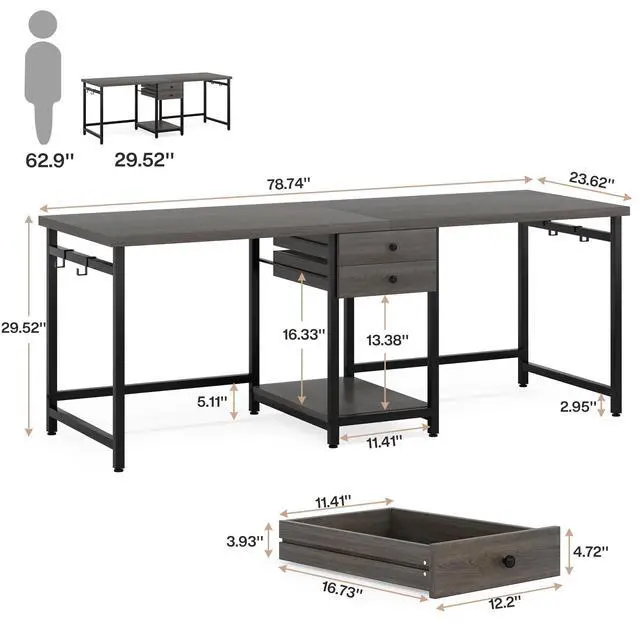 Alt view image 2 of 6 - 79 Inch Extra Long Desk, Two Person Desk with 2 Drawers, Double Computer Table with Storage Shelves, Writing Table for Home Office, Grey