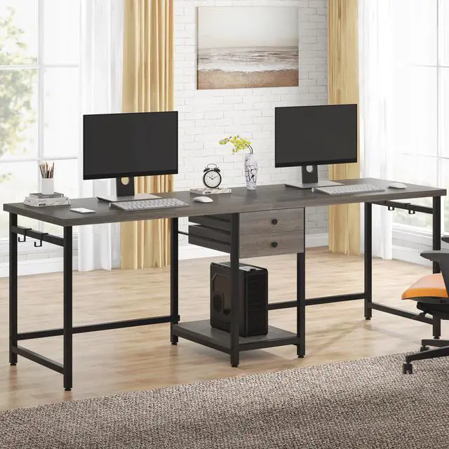 Alt view image 3 of 6 - 79 Inch Extra Long Desk, Two Person Desk with 2 Drawers, Double Computer Table with Storage Shelves, Writing Table for Home Office, Grey