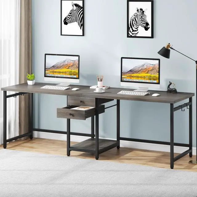 Alt view image 4 of 6 - 79 Inch Extra Long Desk, Two Person Desk with 2 Drawers, Double Computer Table with Storage Shelves, Writing Table for Home Office, Grey