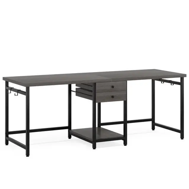 Alt view image 5 of 6 - 79 Inch Extra Long Desk, Two Person Desk with 2 Drawers, Double Computer Table with Storage Shelves, Writing Table for Home Office, Grey