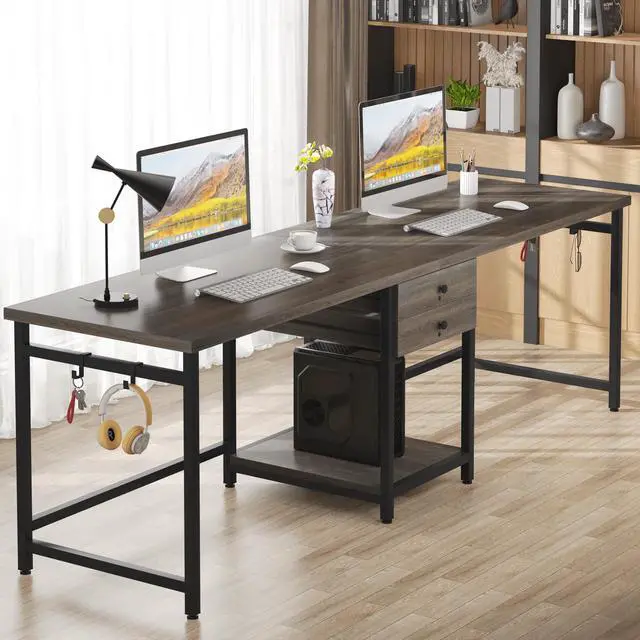 Alt view image 6 of 6 - 79 Inch Extra Long Desk, Two Person Desk with 2 Drawers, Double Computer Table with Storage Shelves, Writing Table for Home Office, Grey