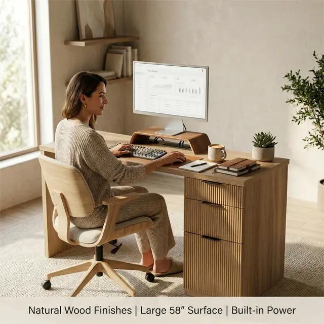 Alt view image 3 of 6 - 58" Home Office Desk with Power Outlet & File Cabinet, Modern Fluted Executive Desk with 3 Storage Drawers, Large Computer Workstation for Study & Bedroom, Natural Oak