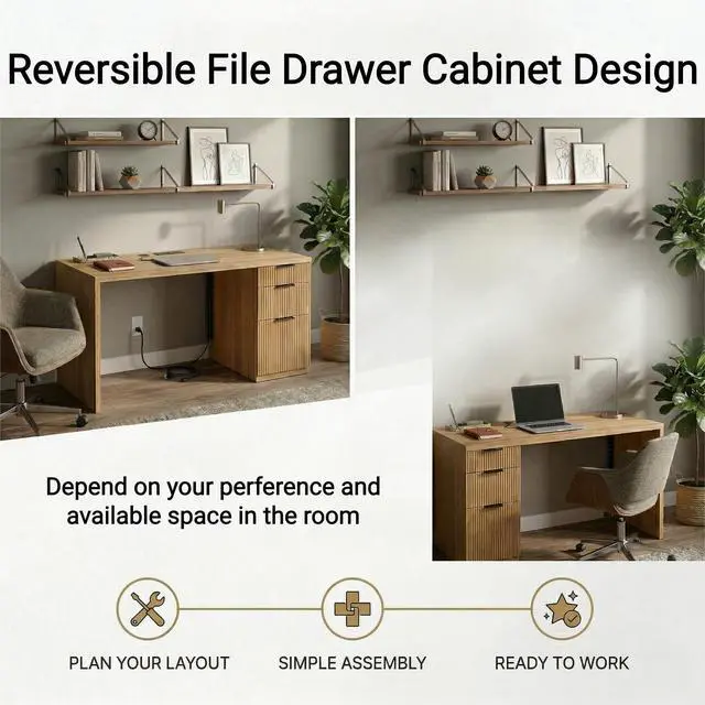 Alt view image 4 of 6 - 58" Home Office Desk with Power Outlet & File Cabinet, Modern Fluted Executive Desk with 3 Storage Drawers, Large Computer Workstation for Study & Bedroom, Natural Oak