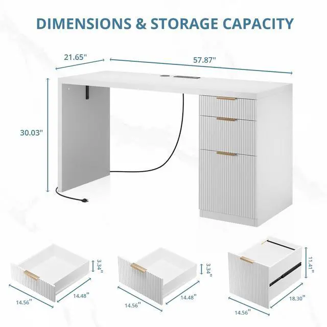 Alt view image 2 of 6 - 58" Modern Executive Desk with Storage, Home Office Desk with Drawer & Cabinet, Wooden Fluted Desk for Study, Living Room, Bedroom, White