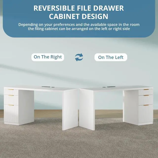 Alt view image 5 of 6 - 58" Modern Executive Desk with Storage, Home Office Desk with Drawer & Cabinet, Wooden Fluted Desk for Study, Living Room, Bedroom, White