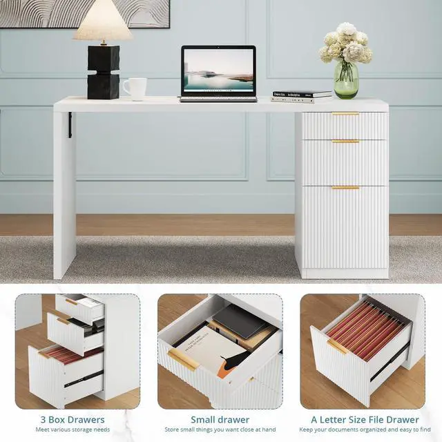 Alt view image 6 of 6 - 58" Modern Executive Desk with Storage, Home Office Desk with Drawer & Cabinet, Wooden Fluted Desk for Study, Living Room, Bedroom, White