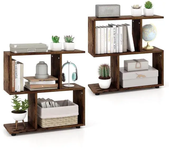 Main image of 2 Tier Geometric Bookshelf, Freestanding Wood Display Shelf, Home Office Room Divider S Shaped Open Bookcase, Small Bookshelf for Small Spaces, Living Room, Study (Coffee, 2)
