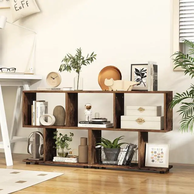 Alt view image 2 of 6 - 2 Tier Geometric Bookshelf, Freestanding Wood Display Shelf, Home Office Room Divider S Shaped Open Bookcase, Small Bookshelf for Small Spaces, Living Room, Study (Coffee, 2)