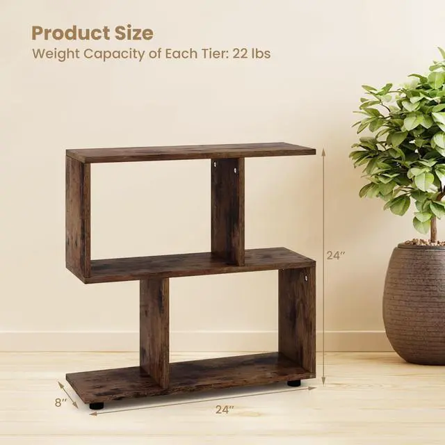 Alt view image 3 of 6 - 2 Tier Geometric Bookshelf, Freestanding Wood Display Shelf, Home Office Room Divider S Shaped Open Bookcase, Small Bookshelf for Small Spaces, Living Room, Study (Coffee, 2)