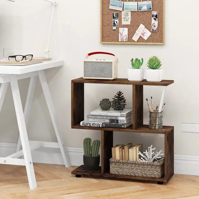 Alt view image 4 of 6 - 2 Tier Geometric Bookshelf, Freestanding Wood Display Shelf, Home Office Room Divider S Shaped Open Bookcase, Small Bookshelf for Small Spaces, Living Room, Study (Coffee, 2)