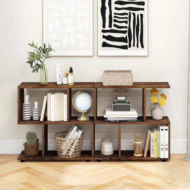 Alt view image 5 of 6 - 2 Tier Geometric Bookshelf, Freestanding Wood Display Shelf, Home Office Room Divider S Shaped Open Bookcase, Small Bookshelf for Small Spaces, Living Room, Study (Coffee, 2)