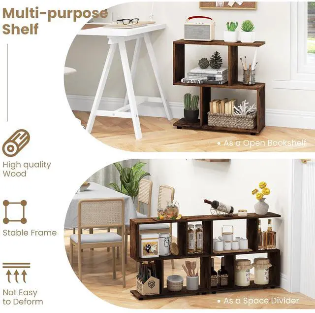 Alt view image 6 of 6 - 2 Tier Geometric Bookshelf, Freestanding Wood Display Shelf, Home Office Room Divider S Shaped Open Bookcase, Small Bookshelf for Small Spaces, Living Room, Study (Coffee, 2)