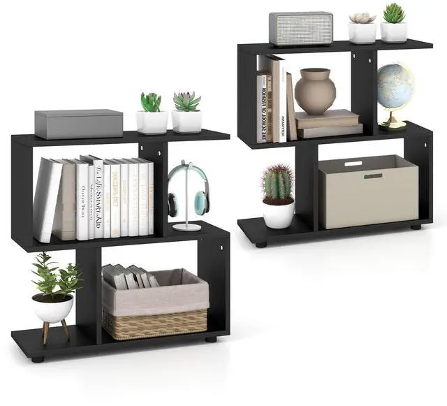 Main image of 2 Tier Geometric Bookshelf, Freestanding Wood Display Shelf, Home Office Room Divider S Shaped Open Bookcase, Small Bookshelf for Small Spaces, Living Room, Study (Black, 2)