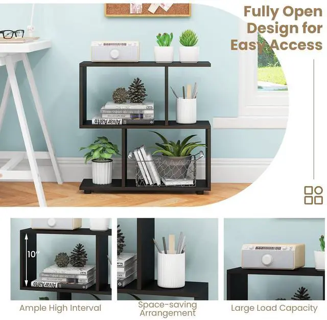 Alt view image 5 of 6 - 2 Tier Geometric Bookshelf, Freestanding Wood Display Shelf, Home Office Room Divider S Shaped Open Bookcase, Small Bookshelf for Small Spaces, Living Room, Study (Black, 2)