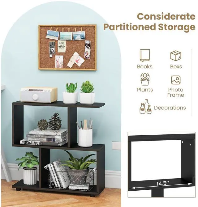 Alt view image 6 of 6 - 2 Tier Geometric Bookshelf, Freestanding Wood Display Shelf, Home Office Room Divider S Shaped Open Bookcase, Small Bookshelf for Small Spaces, Living Room, Study (Black, 2)