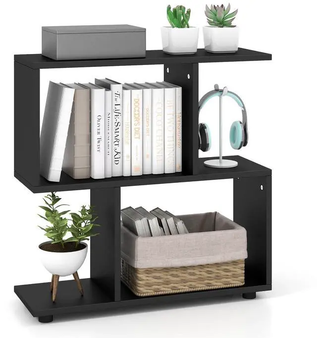 Main image of 2 Tier Geometric Bookshelf, Freestanding Wood Display Shelf, Home Office Room Divider S Shaped Open Bookcase, Small Bookshelf for Small Spaces, Living Room, Study (Black, 1)