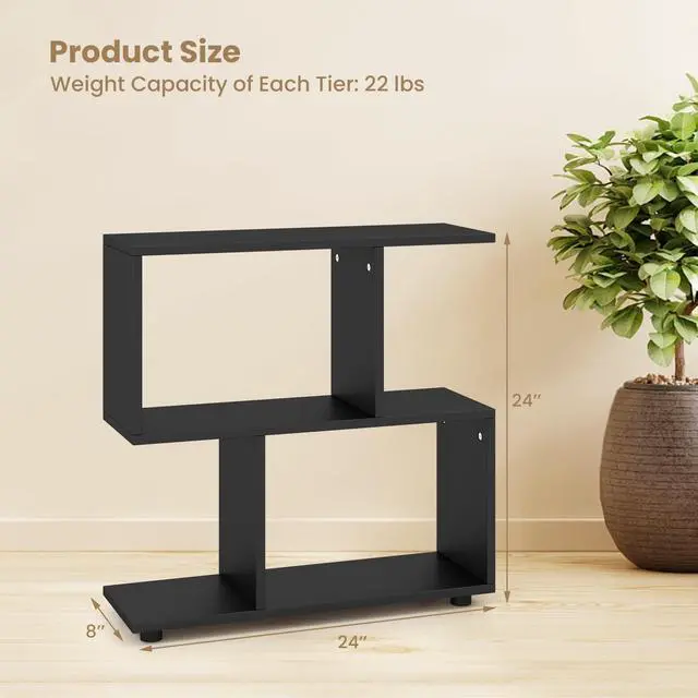 Alt view image 3 of 6 - 2 Tier Geometric Bookshelf, Freestanding Wood Display Shelf, Home Office Room Divider S Shaped Open Bookcase, Small Bookshelf for Small Spaces, Living Room, Study (Black, 1)