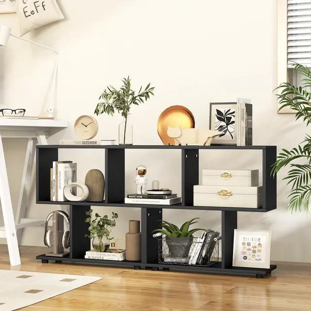Alt view image 4 of 6 - 2 Tier Geometric Bookshelf, Freestanding Wood Display Shelf, Home Office Room Divider S Shaped Open Bookcase, Small Bookshelf for Small Spaces, Living Room, Study (Black, 1)