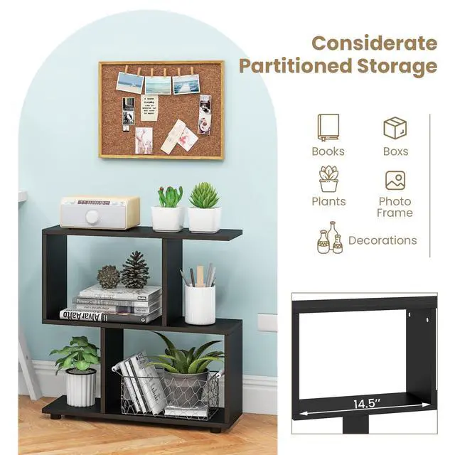 Alt view image 6 of 6 - 2 Tier Geometric Bookshelf, Freestanding Wood Display Shelf, Home Office Room Divider S Shaped Open Bookcase, Small Bookshelf for Small Spaces, Living Room, Study (Black, 1)