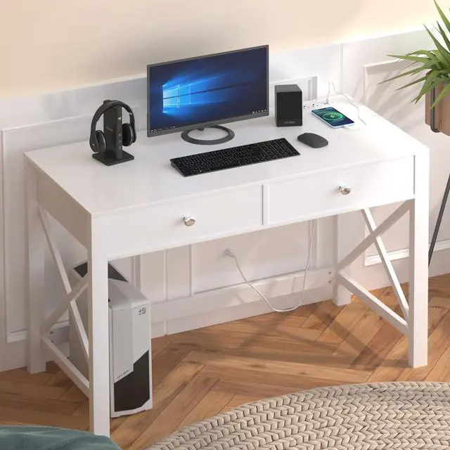 Main image of Home Office Desk with Drawers, White Modern Writing Computer Desk with Power Outlets, Small Makeup Vanity Table for Bedroom, Study Table for Home Office