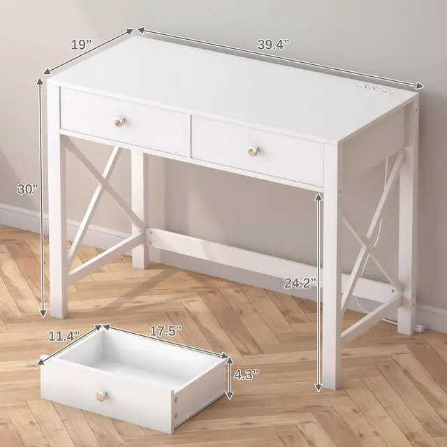 Alt view image 2 of 6 - Home Office Desk with Drawers, White Modern Writing Computer Desk with Power Outlets, Small Makeup Vanity Table for Bedroom, Study Table for Home Office