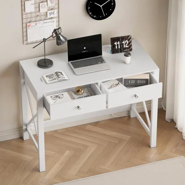 Alt view image 3 of 6 - Home Office Desk with Drawers, White Modern Writing Computer Desk with Power Outlets, Small Makeup Vanity Table for Bedroom, Study Table for Home Office