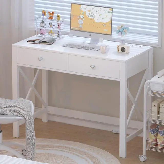 Alt view image 5 of 6 - Home Office Desk with Drawers, White Modern Writing Computer Desk with Power Outlets, Small Makeup Vanity Table for Bedroom, Study Table for Home Office