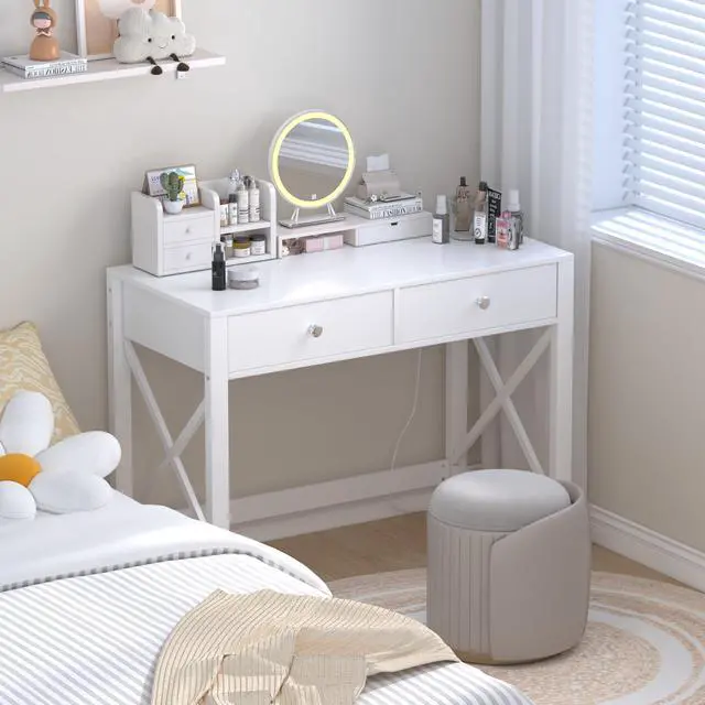 Alt view image 6 of 6 - Home Office Desk with Drawers, White Modern Writing Computer Desk with Power Outlets, Small Makeup Vanity Table for Bedroom, Study Table for Home Office