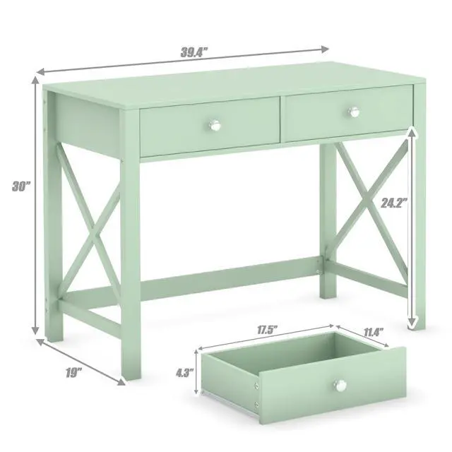 Alt view image 2 of 6 - Home Office Desk with Drawers, Modern Writing Computer Desk for Bedroom, Small Makeup Vanity Table Study Table for Home Office,Green