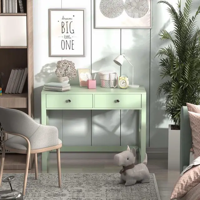 Alt view image 3 of 6 - Home Office Desk with Drawers, Modern Writing Computer Desk for Bedroom, Small Makeup Vanity Table Study Table for Home Office,Green