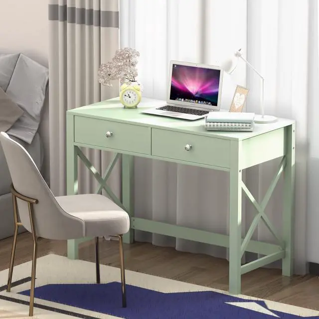 Alt view image 4 of 6 - Home Office Desk with Drawers, Modern Writing Computer Desk for Bedroom, Small Makeup Vanity Table Study Table for Home Office,Green