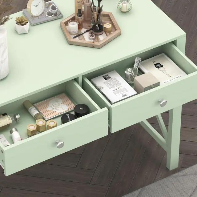 Alt view image 5 of 6 - Home Office Desk with Drawers, Modern Writing Computer Desk for Bedroom, Small Makeup Vanity Table Study Table for Home Office,Green