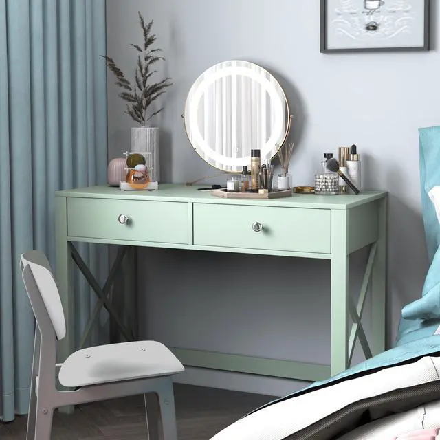 Alt view image 6 of 6 - Home Office Desk with Drawers, Modern Writing Computer Desk for Bedroom, Small Makeup Vanity Table Study Table for Home Office,Green