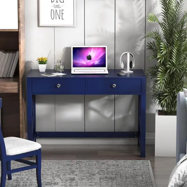 Alt view image 2 of 6 - Home Office Desk with Drawers, Modern Writing Computer Desk for Bedroom, Small Makeup Vanity Table Study Table for Home Office,Navy