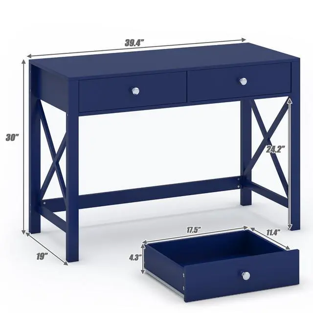 Alt view image 3 of 6 - Home Office Desk with Drawers, Modern Writing Computer Desk for Bedroom, Small Makeup Vanity Table Study Table for Home Office,Navy