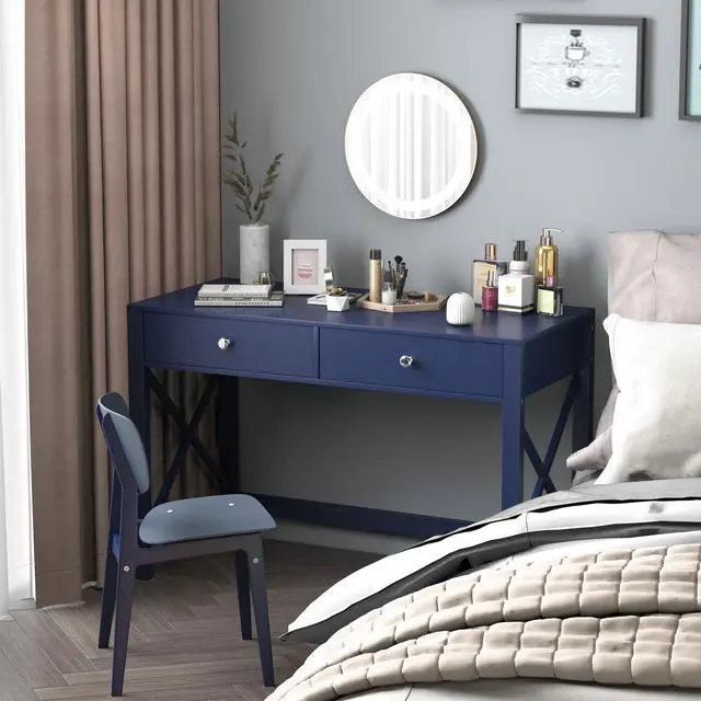 Alt view image 4 of 6 - Home Office Desk with Drawers, Modern Writing Computer Desk for Bedroom, Small Makeup Vanity Table Study Table for Home Office,Navy